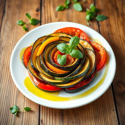 A beautifully arranged plate of Ratatouille, showcasing vibrant colors of fresh vegetables such as zucchini, eggplant, and bell peppers, elegantly layered in a spiral pattern
