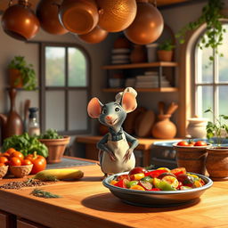 A magical, charming kitchen scene from the animated movie 'Ratatouille', featuring a small, adorable rat wearing a tiny chef's hat and apron