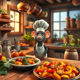 A magical, charming kitchen scene from the animated movie 'Ratatouille', featuring a small, adorable rat wearing a tiny chef's hat and apron
