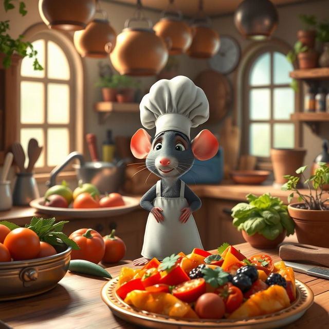 A magical, charming kitchen scene from the animated movie 'Ratatouille', featuring a small, adorable rat wearing a tiny chef's hat and apron