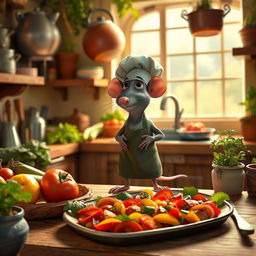 A magical, charming kitchen scene from the animated movie 'Ratatouille', featuring a small, adorable rat wearing a tiny chef's hat and apron