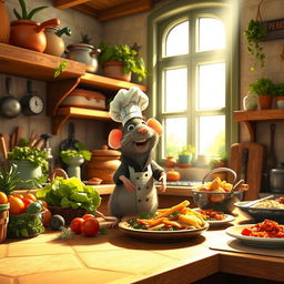 A vibrant, colorful scene inspired by the movie 'Ratatouille', showcasing a charming Parisian kitchen filled with fresh vegetables, aromatic herbs, and deliciously prepared dishes