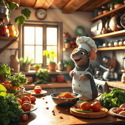 A vibrant, colorful scene inspired by the movie 'Ratatouille', showcasing a charming Parisian kitchen filled with fresh vegetables, aromatic herbs, and deliciously prepared dishes