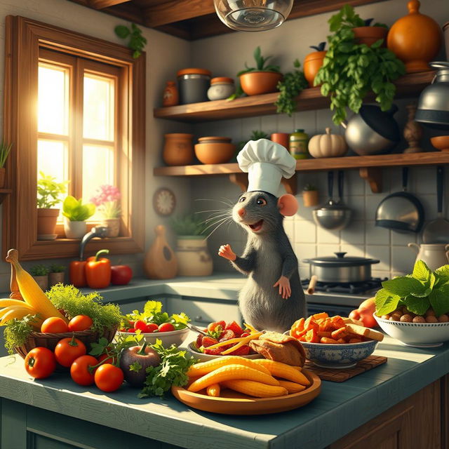 A vibrant, colorful scene inspired by the movie 'Ratatouille', showcasing a charming Parisian kitchen filled with fresh vegetables, aromatic herbs, and deliciously prepared dishes