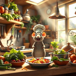 A vibrant, colorful scene inspired by the movie 'Ratatouille', showcasing a charming Parisian kitchen filled with fresh vegetables, aromatic herbs, and deliciously prepared dishes