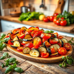 A vibrant and colorful scene depicting a delicious Ratatouille dish, elegantly arranged on a rustic wooden table