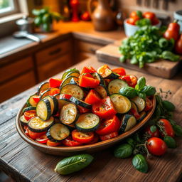 A vibrant and colorful scene depicting a delicious Ratatouille dish, elegantly arranged on a rustic wooden table