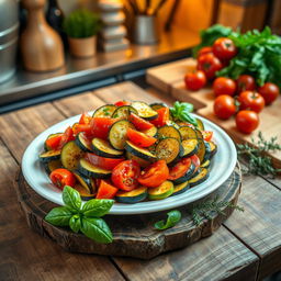 A vibrant and colorful scene depicting a delicious Ratatouille dish, elegantly arranged on a rustic wooden table