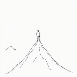 A drawing of a man standing on a narrow mountain peak between two large mountains