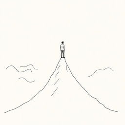 A drawing of a man standing on a narrow mountain peak between two large mountains