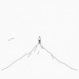A drawing of a man standing on a narrow mountain peak between two large mountains