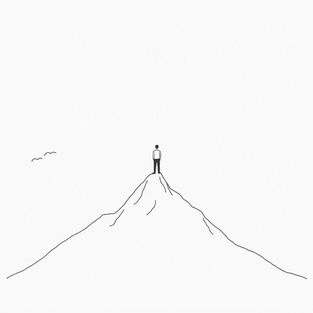 A drawing of a man standing on a narrow mountain peak between two large mountains