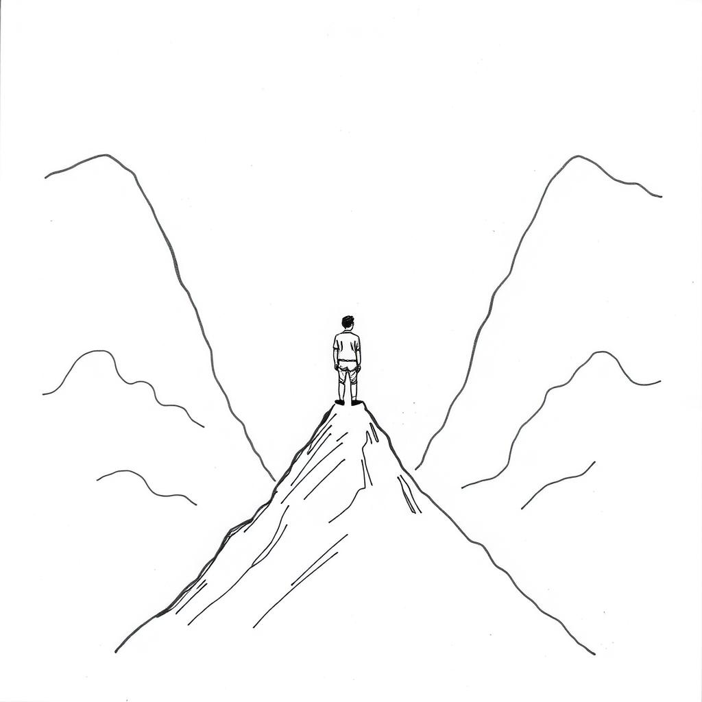 A drawing of a man standing on a narrow mountain peak between two large mountains