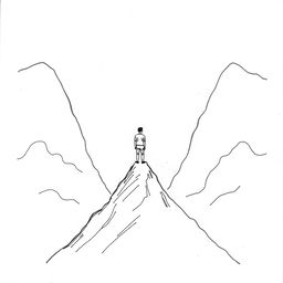 A drawing of a man standing on a narrow mountain peak between two large mountains