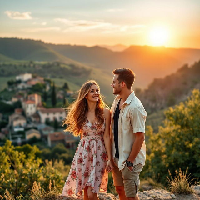 A romantic couple standing in front of a picturesque Italian landscape, with rolling hills, a quaint village with rustic houses, and vibrant greenery