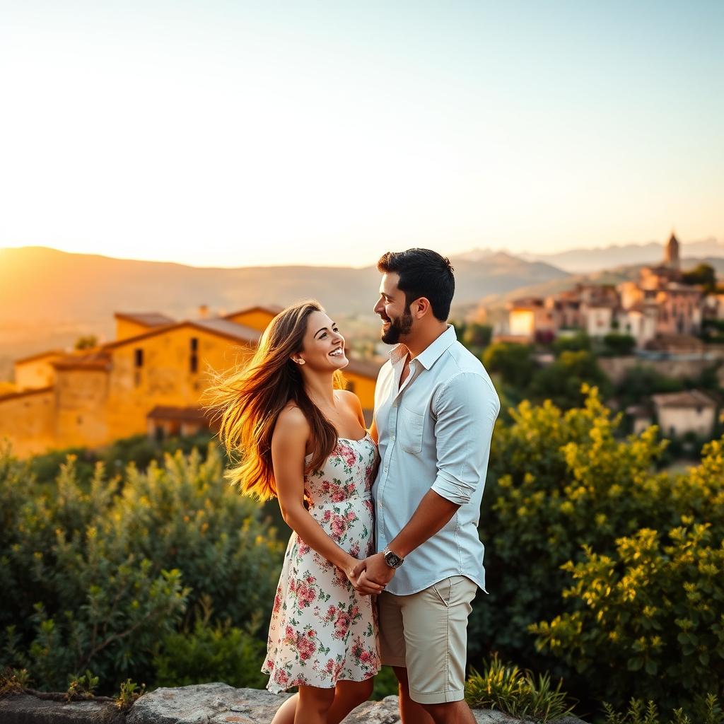 A romantic couple standing in front of a picturesque Italian landscape, with rolling hills, a quaint village with rustic houses, and vibrant greenery