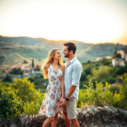 A romantic couple standing in front of a picturesque Italian landscape, with rolling hills, a quaint village with rustic houses, and vibrant greenery