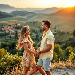 A romantic couple standing in front of a picturesque Italian landscape, with rolling hills, a quaint village with rustic houses, and vibrant greenery