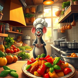 A whimsical and vibrant kitchen scene inspired by the movie Ratatouille, featuring a charming cartoon rat wearing a chef's hat joyfully cooking in a bustling Parisian restaurant kitchen