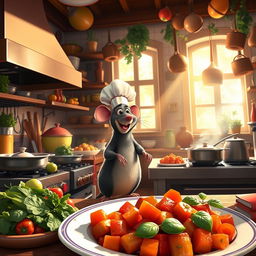 A whimsical and vibrant kitchen scene inspired by the movie Ratatouille, featuring a charming cartoon rat wearing a chef's hat joyfully cooking in a bustling Parisian restaurant kitchen