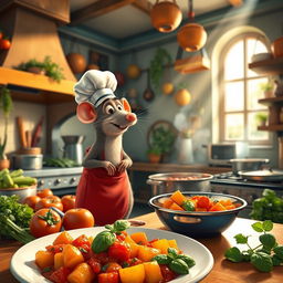 A whimsical and vibrant kitchen scene inspired by the movie Ratatouille, featuring a charming cartoon rat wearing a chef's hat joyfully cooking in a bustling Parisian restaurant kitchen