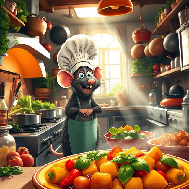 A whimsical and vibrant kitchen scene inspired by the movie Ratatouille, featuring a charming cartoon rat wearing a chef's hat joyfully cooking in a bustling Parisian restaurant kitchen