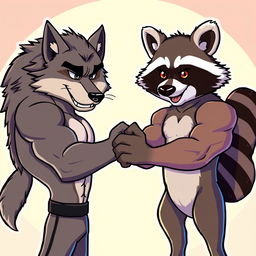 A muscular wolf and a muscular raccoon shaking hands together in a friendly manner, inspired by the famous Arnold Schwarzenegger meme