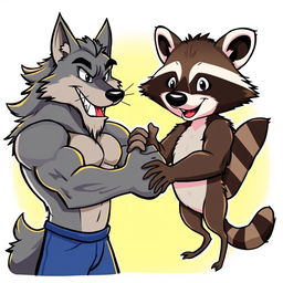 A muscular wolf and a muscular raccoon shaking hands together in a friendly manner, inspired by the famous Arnold Schwarzenegger meme