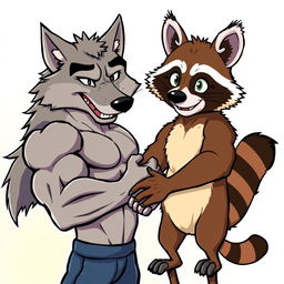 A muscular wolf and a muscular raccoon shaking hands together in a friendly manner, inspired by the famous Arnold Schwarzenegger meme