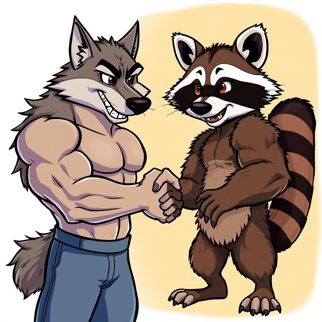 A muscular wolf and a muscular raccoon shaking hands together in a friendly manner, inspired by the famous Arnold Schwarzenegger meme