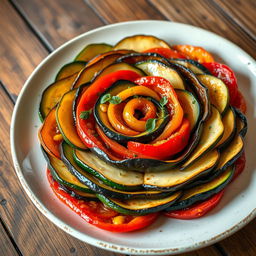 A beautifully plated ratatouille dish featuring layers of vibrant, fresh vegetables such as zucchini, eggplant, bell peppers, and tomatoes