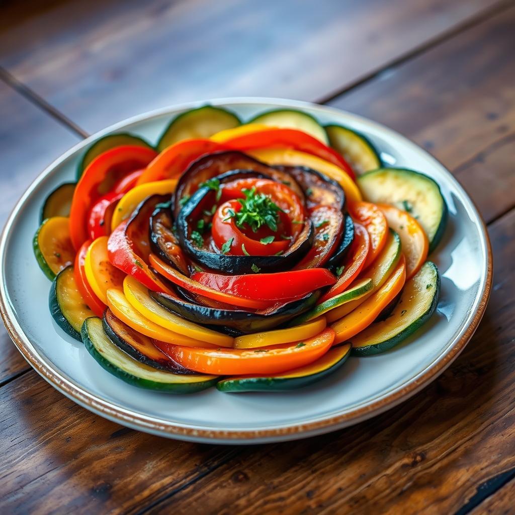 A beautifully plated ratatouille dish featuring layers of vibrant, fresh vegetables such as zucchini, eggplant, bell peppers, and tomatoes