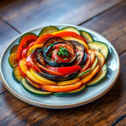 A beautifully plated ratatouille dish featuring layers of vibrant, fresh vegetables such as zucchini, eggplant, bell peppers, and tomatoes