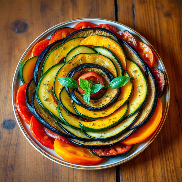 A beautifully plated ratatouille dish featuring layers of vibrant, fresh vegetables such as zucchini, eggplant, bell peppers, and tomatoes