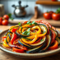 A beautifully plated Ratatouille dish featuring vibrant, colorful layers of finely sliced vegetables including zucchini, eggplant, red bell peppers, and tomatoes, arranged in a swirling pattern