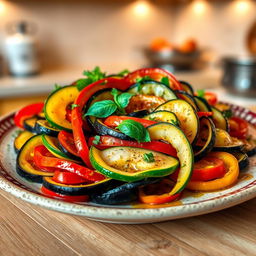 A beautifully plated Ratatouille dish featuring vibrant, colorful layers of finely sliced vegetables including zucchini, eggplant, red bell peppers, and tomatoes, arranged in a swirling pattern