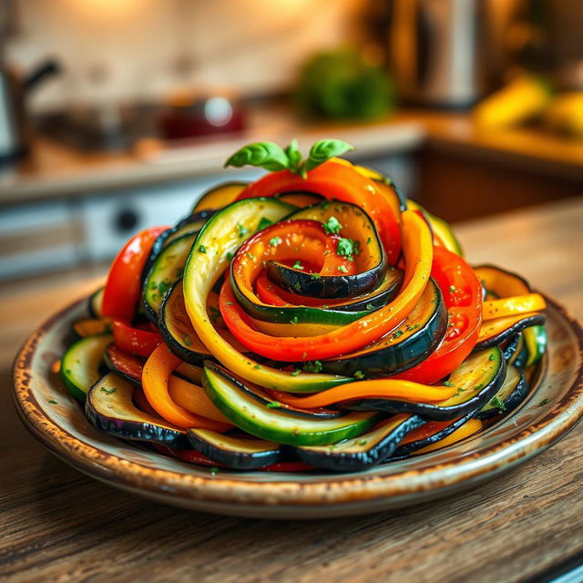 A beautifully plated Ratatouille dish featuring vibrant, colorful layers of finely sliced vegetables including zucchini, eggplant, red bell peppers, and tomatoes, arranged in a swirling pattern