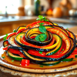 A beautifully plated Ratatouille dish featuring vibrant, colorful layers of finely sliced vegetables including zucchini, eggplant, red bell peppers, and tomatoes, arranged in a swirling pattern