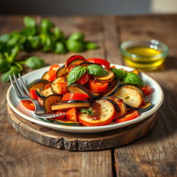 A beautifully arranged plate of Ratatouille, featuring vibrant layers of thinly sliced vegetables including zucchini, eggplant, red bell peppers, and tomatoes
