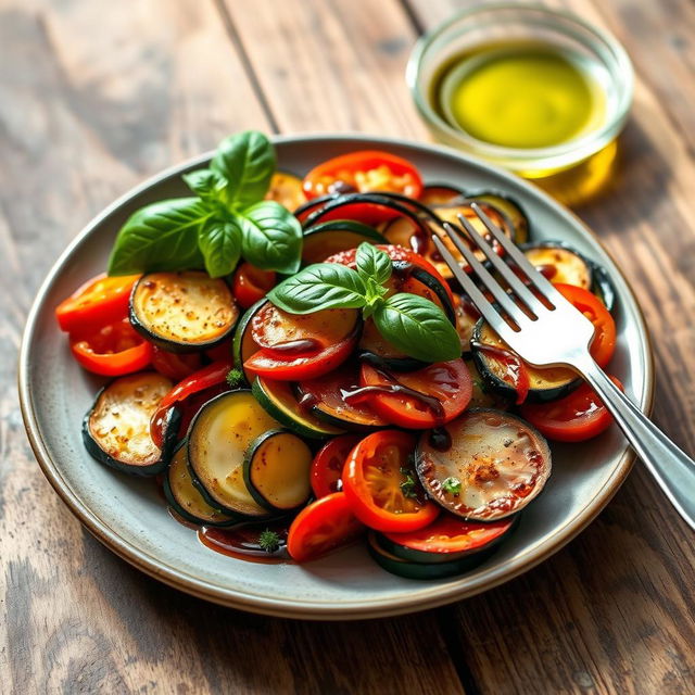 A beautifully arranged plate of Ratatouille, featuring vibrant layers of thinly sliced vegetables including zucchini, eggplant, red bell peppers, and tomatoes