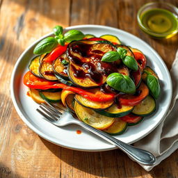 A beautifully arranged plate of Ratatouille, featuring vibrant layers of thinly sliced vegetables including zucchini, eggplant, red bell peppers, and tomatoes