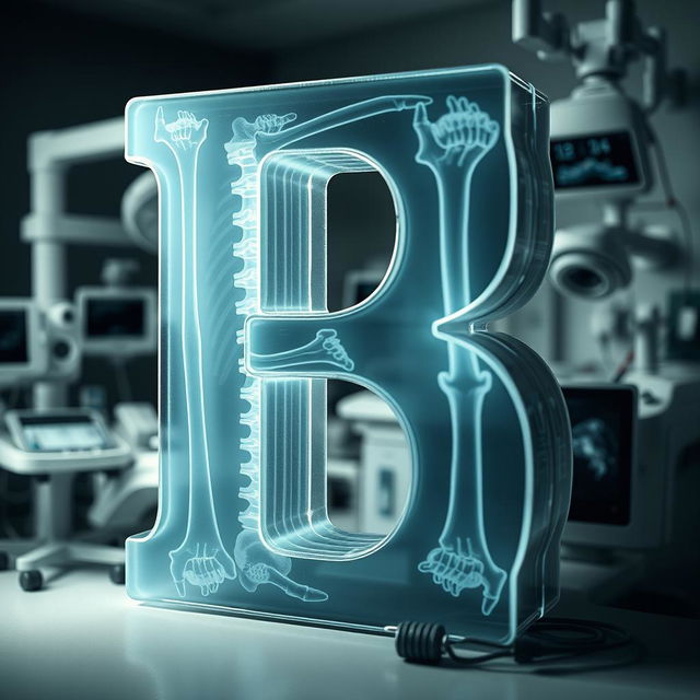 An artistic representation of the letter 'B' rendered in a detailed X-ray style, showcasing intricate bone structures and shadow details