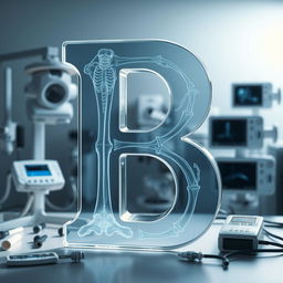 An artistic representation of the letter 'B' rendered in a detailed X-ray style, showcasing intricate bone structures and shadow details