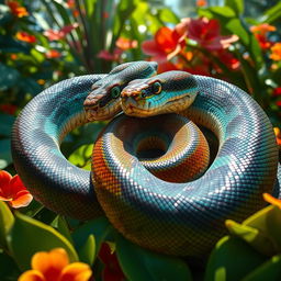 A close-up view of two snakes entwined in a passionate embrace, showcasing their vibrant scales and intricate patterns