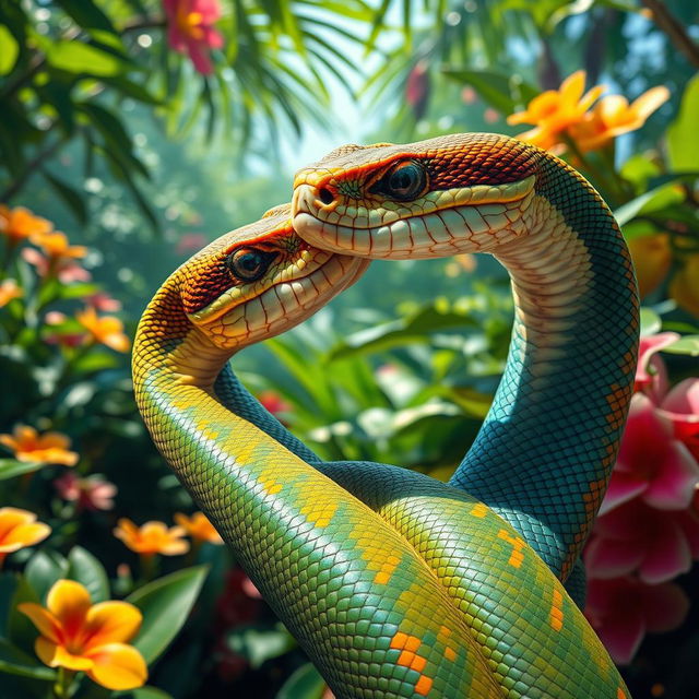 A close-up view of two snakes entwined in a passionate embrace, showcasing their vibrant scales and intricate patterns