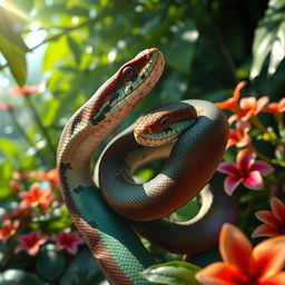 A close-up view of two snakes entwined in a passionate embrace, showcasing their vibrant scales and intricate patterns