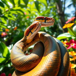 A close-up view of two snakes entwined in a passionate embrace, showcasing their vibrant scales and intricate patterns