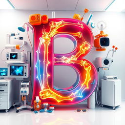 A vibrant and artistic representation of the letter 'B' rendered in a detailed X-ray style, showcasing intricate bone structures with bright highlights and contrasting shadows