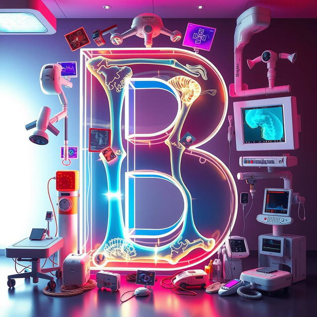 A vibrant and artistic representation of the letter 'B' rendered in a detailed X-ray style, showcasing intricate bone structures with bright highlights and contrasting shadows