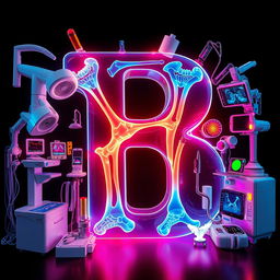 A vibrant and artistic representation of the letter 'B' rendered in a detailed X-ray style, showcasing intricate bone structures with bright highlights and contrasting shadows